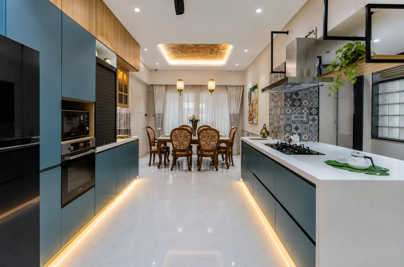 Modern pantry layout with warm shelf downlights