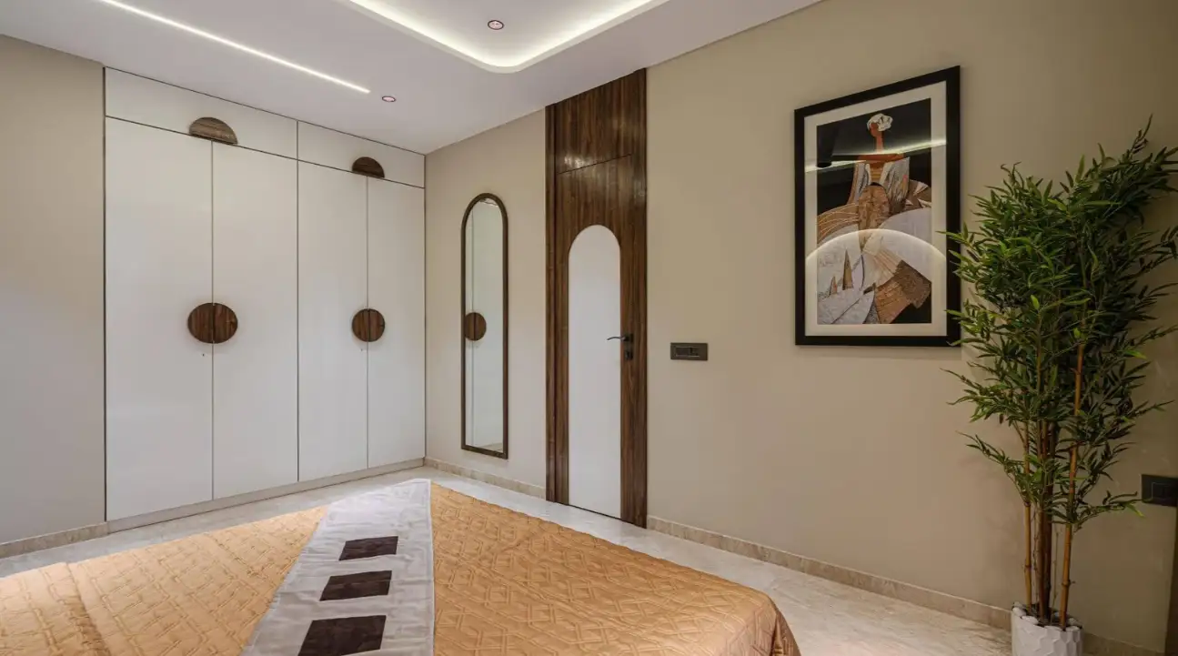 Modern ensuite bathroom transition perspective