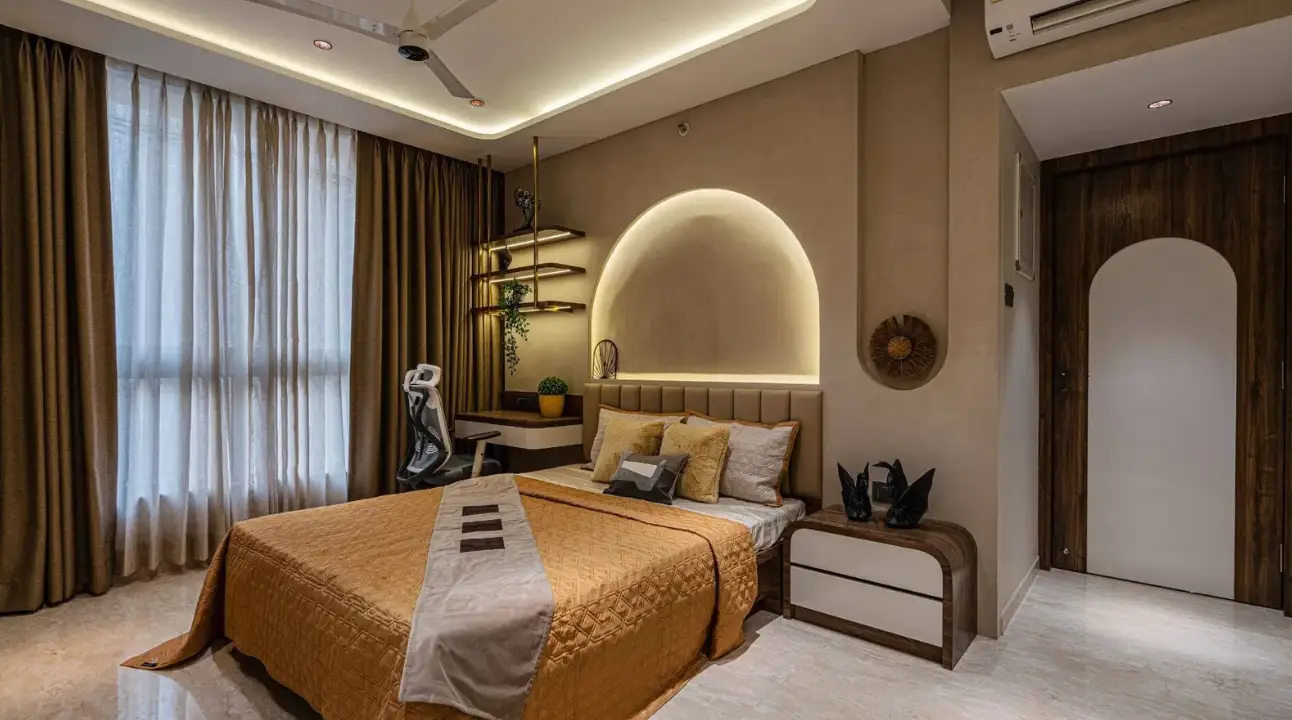 Master bedroom with fluted back panel and floating nightstands