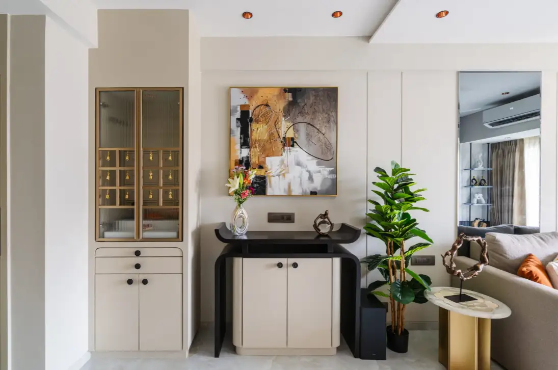 Linear sofa layout and neutral materiality